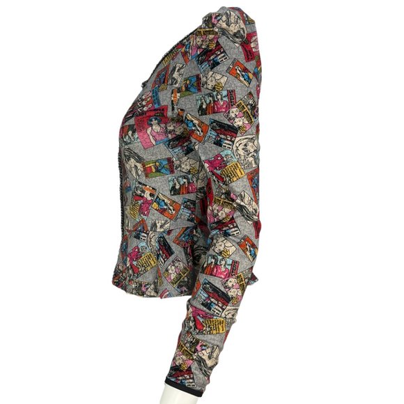 RARE/HTF Comic Print Y Apparel USA puff shoulder Zip Up Peplum Cardigan Sz Md - Picture 11 of 15